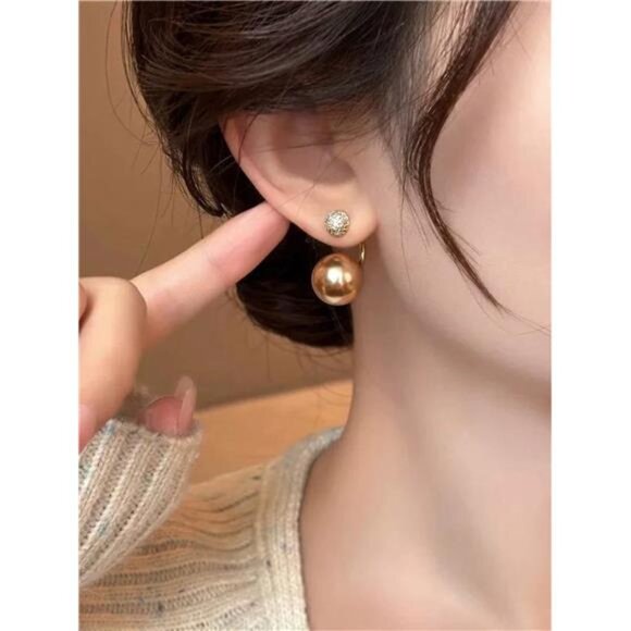 Elegant Champagne Pearl & Rhinestone Stud Earrings - Picture 5 of 5